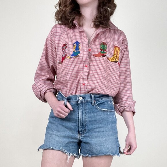 Vintage Embroidered Cowboy Boot Shirt Coastal Cowgirl Western Rodeo Top Blouse - Picture 4 of 13